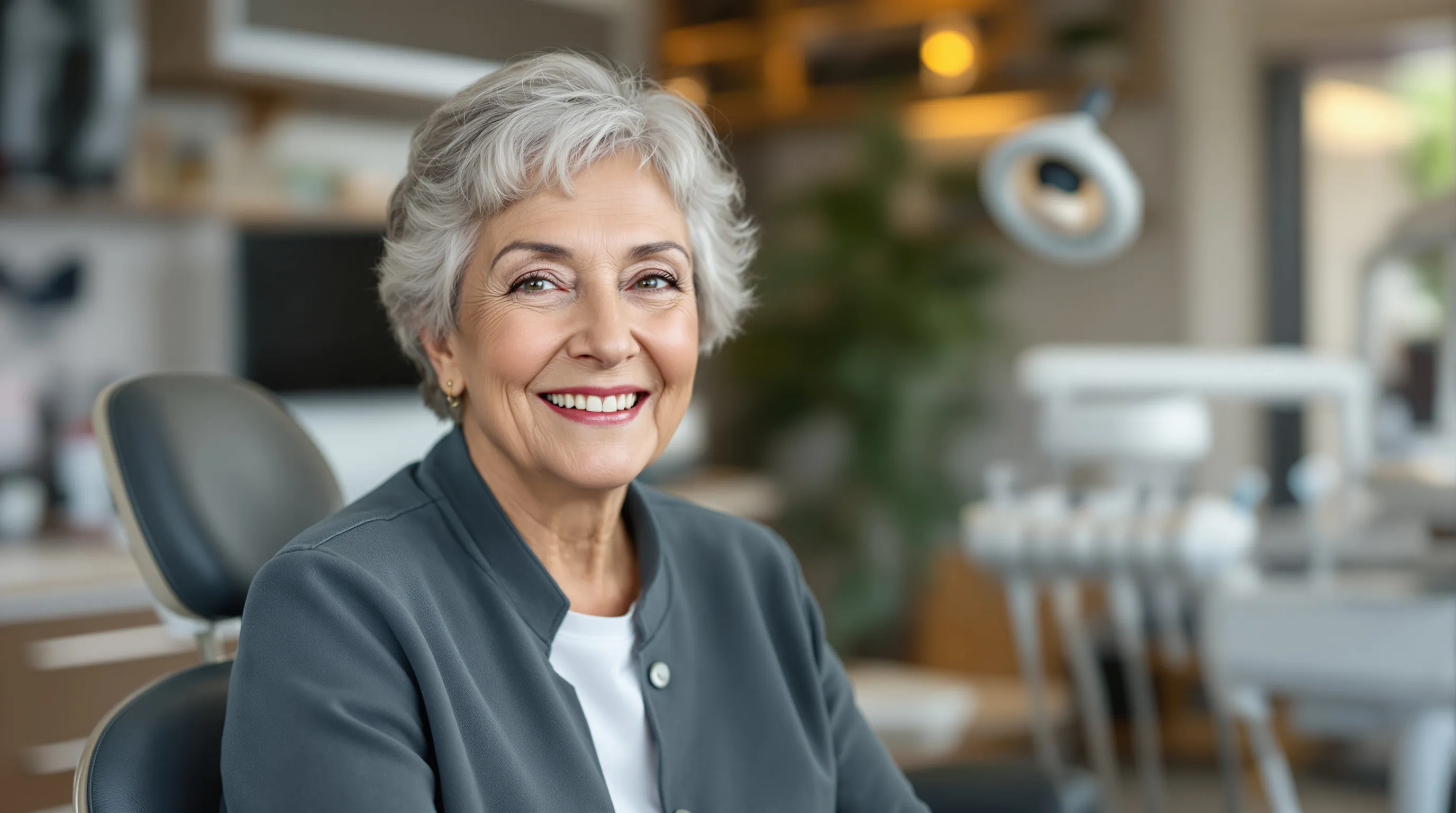 Older adult woman smiling at dental implant consultation