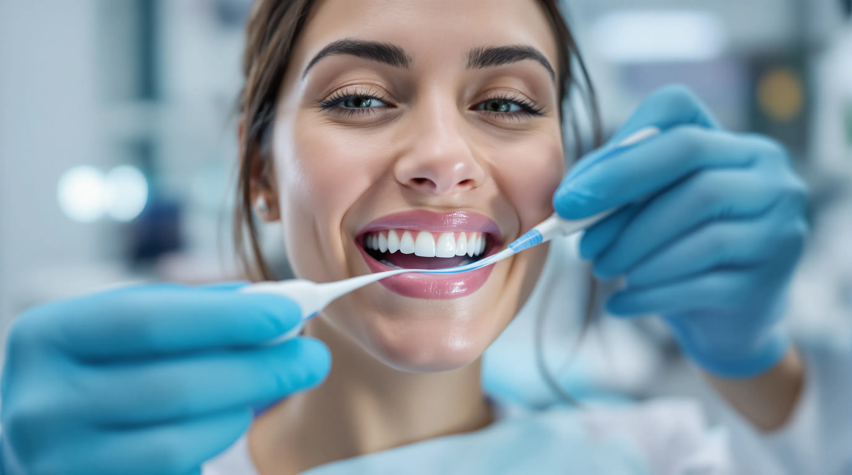 Dental hygienist demonstrating proper water flosser technique for All-on-4 implant cleaning in a modern dental office