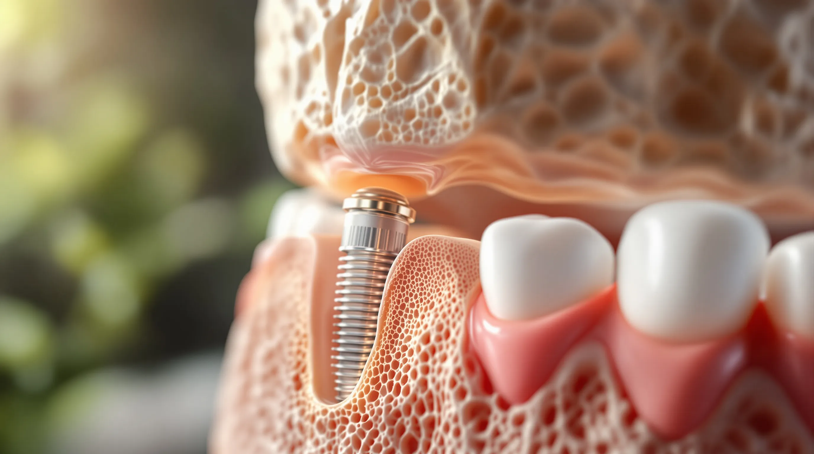 Diagram showing how a dental implant preserves jawbone compared to a denture which causes bone loss
