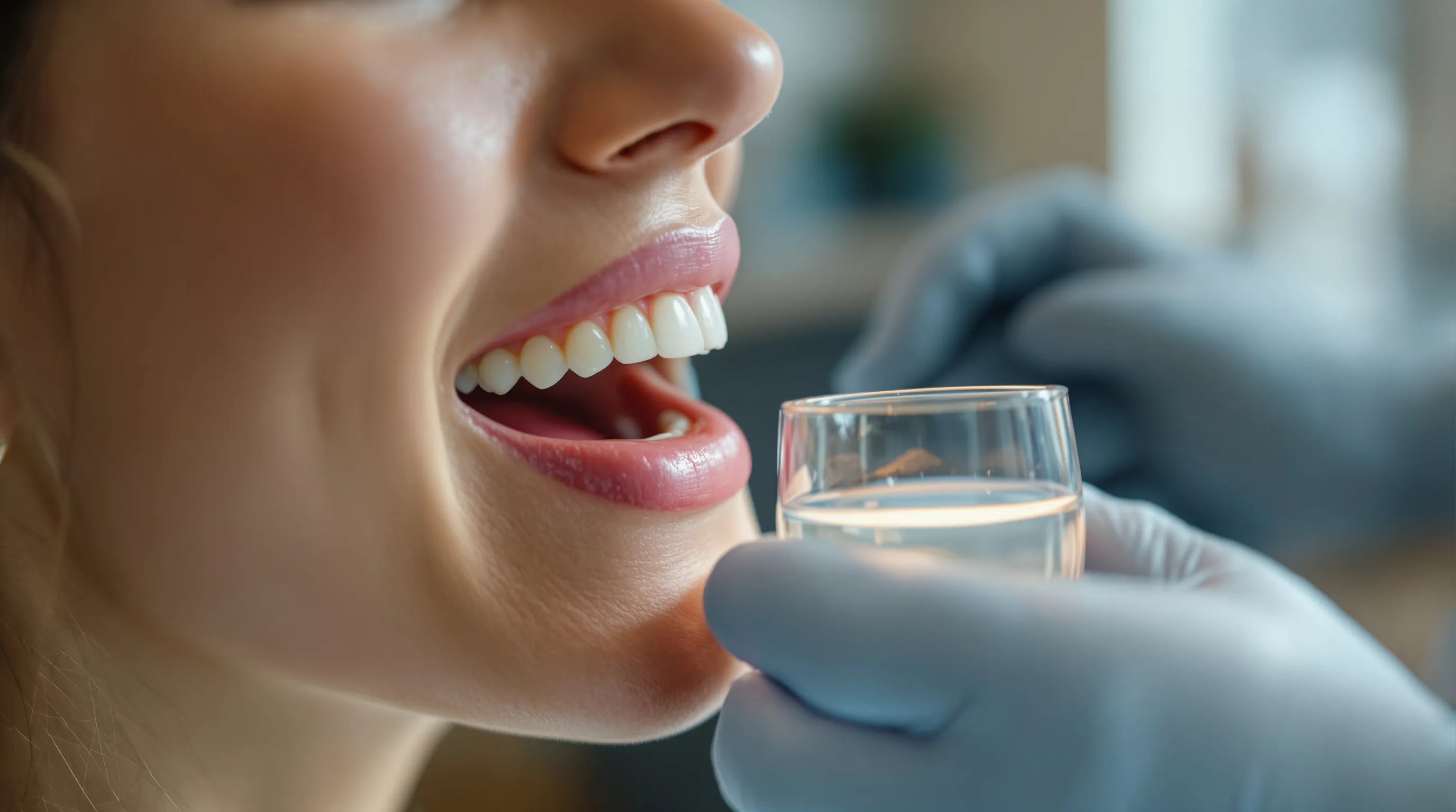 Patient gently rinsing with saltwater solution during All-on-4 dental implant healing period