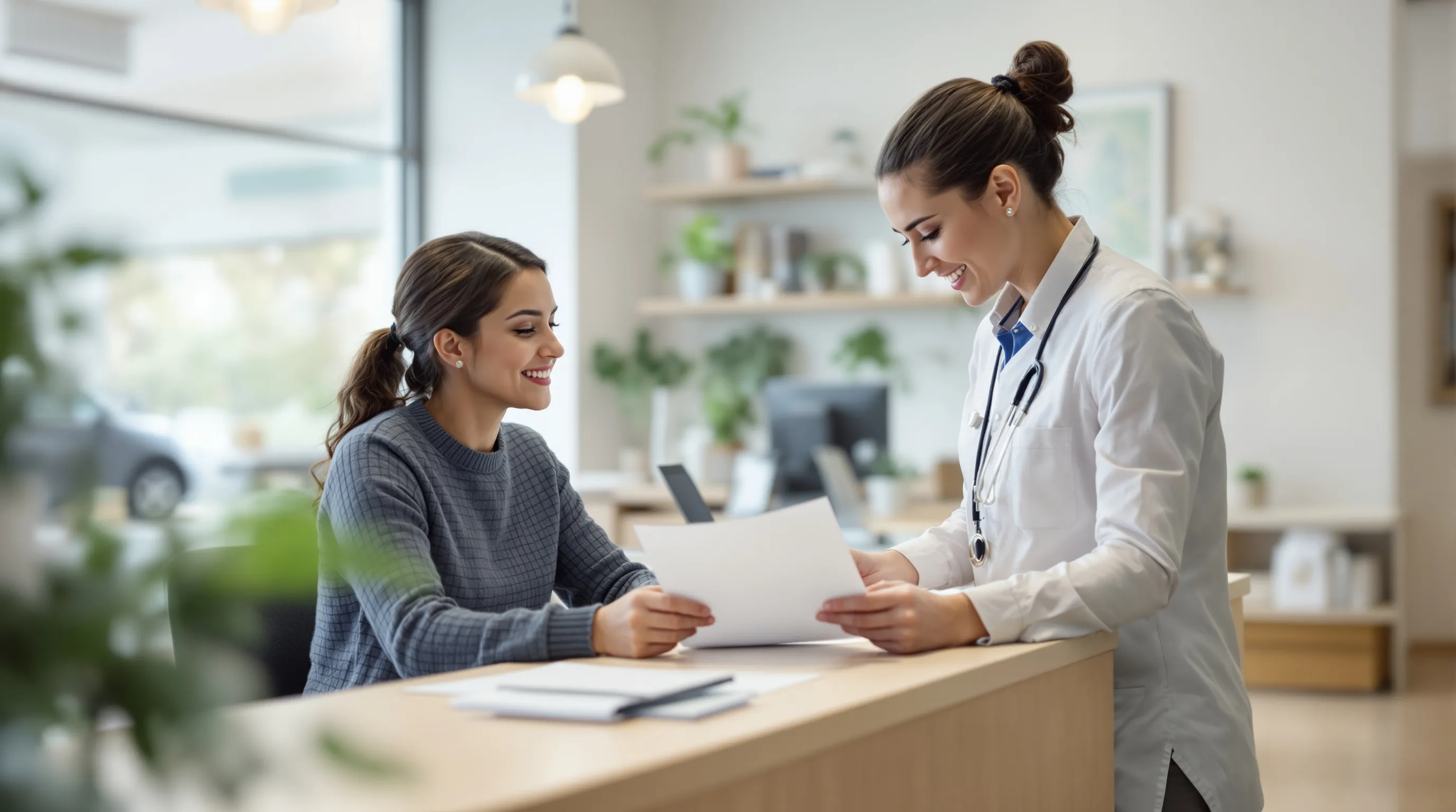 Patient reviewing dental insurance paperwork with a receptionist at a modern dental office near Princeton, NJ