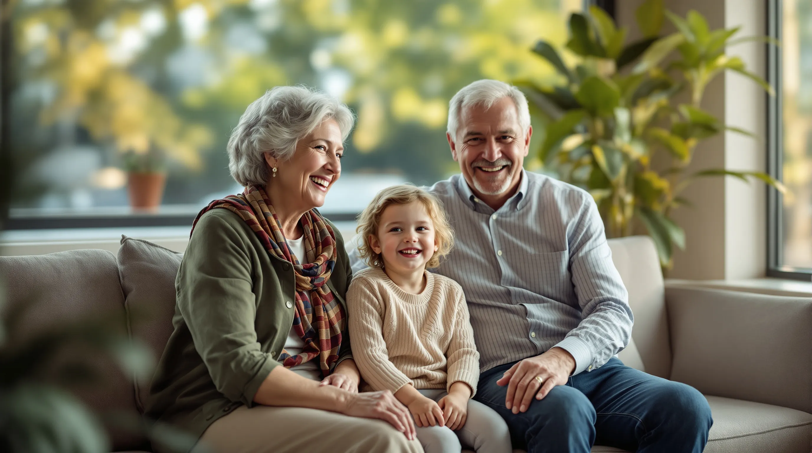 A grandmother, a parent, and a young child sitting together in a bright, welcoming dental office waiting area, representing three generations of one family.