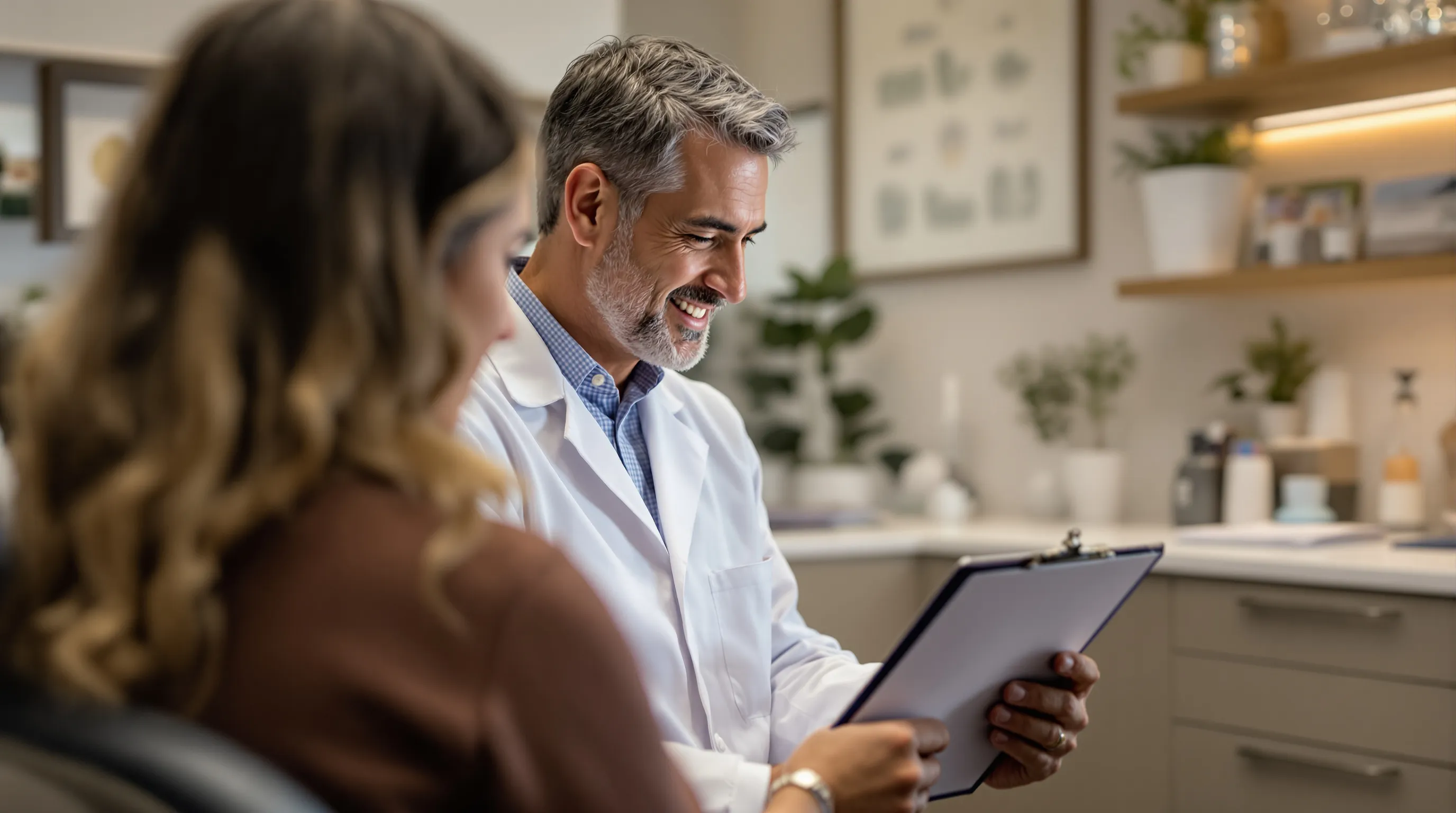 Dental implant consultation showing a patient receiving a transparent cost breakdown with staged procedure estimate on a clipboard