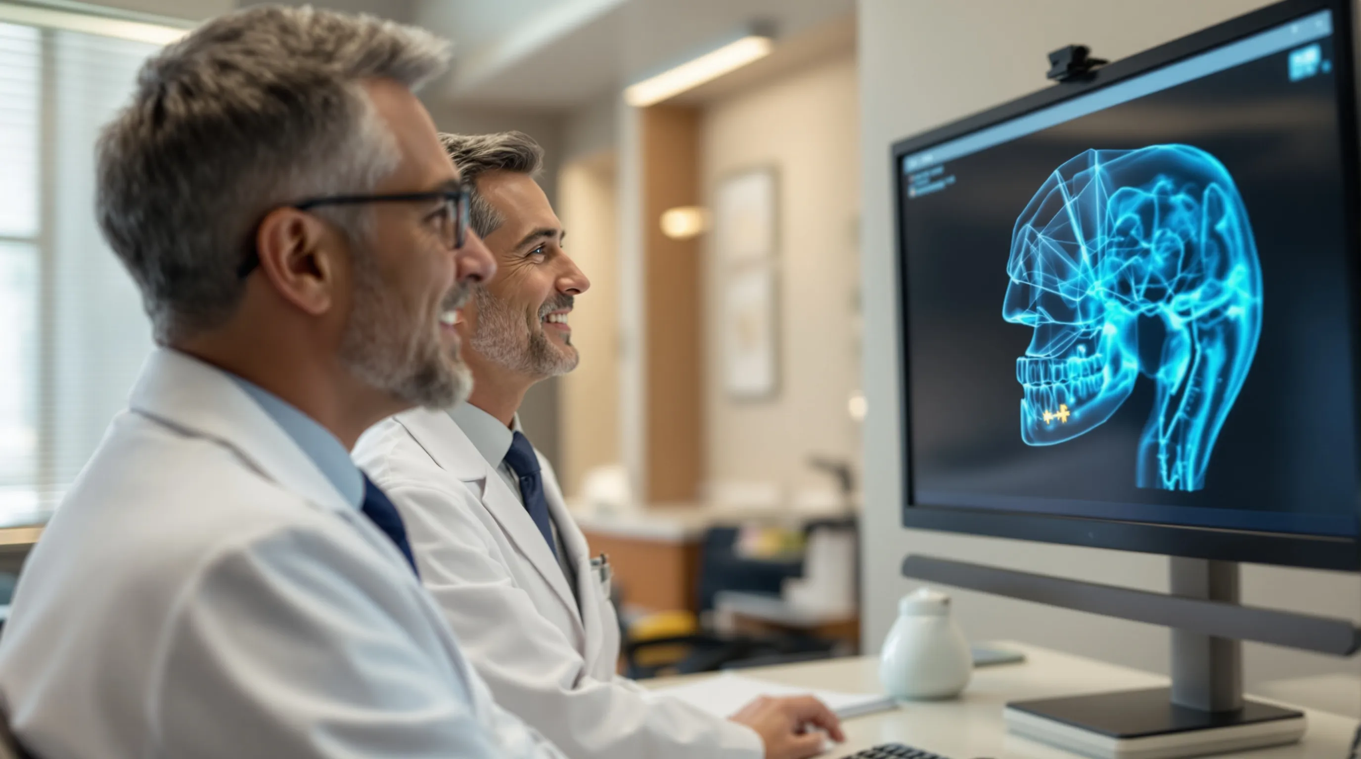 Dentist reviewing 3D cone beam CT scan for dental implant planning