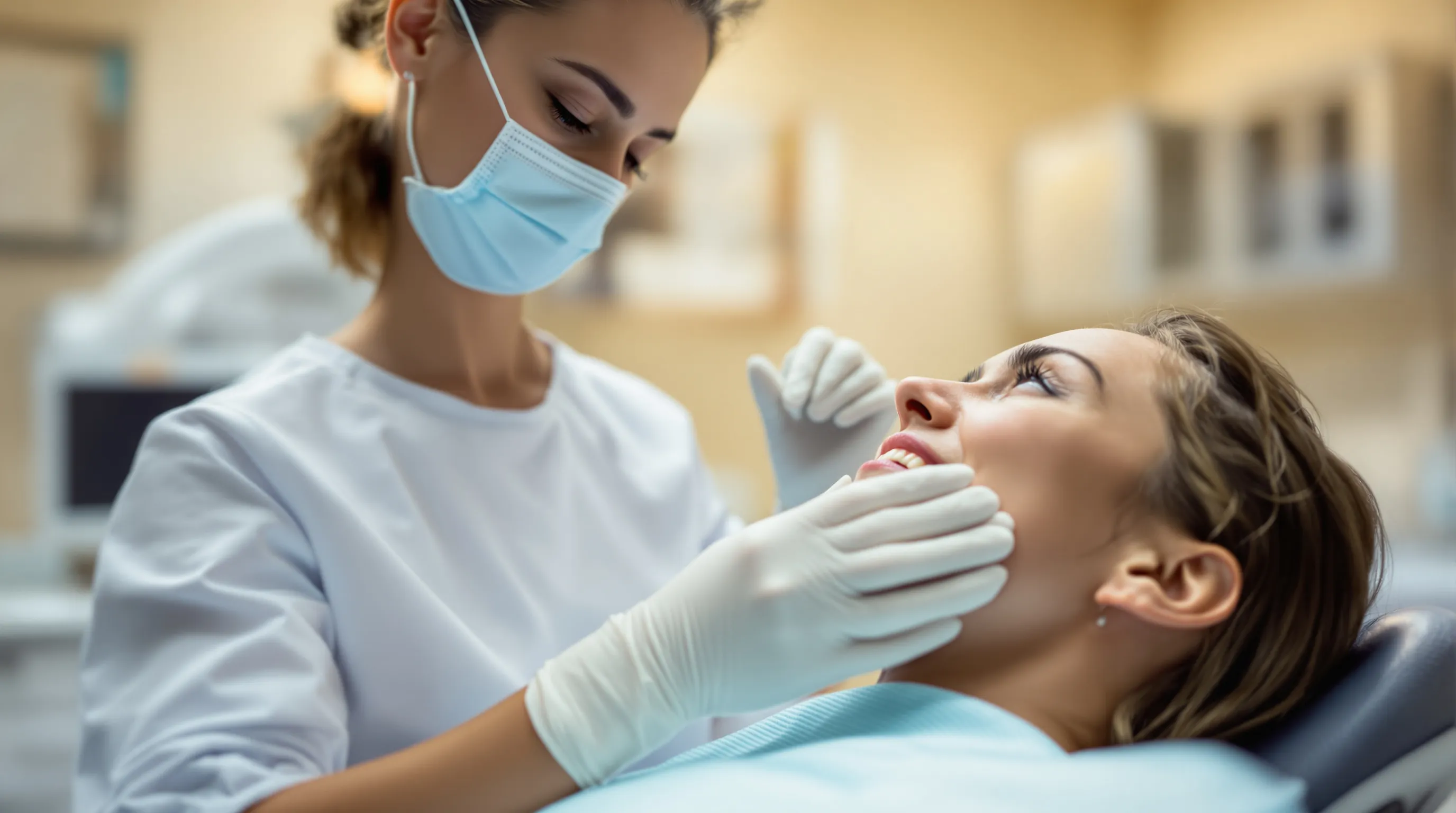 Dental professional examining a patient