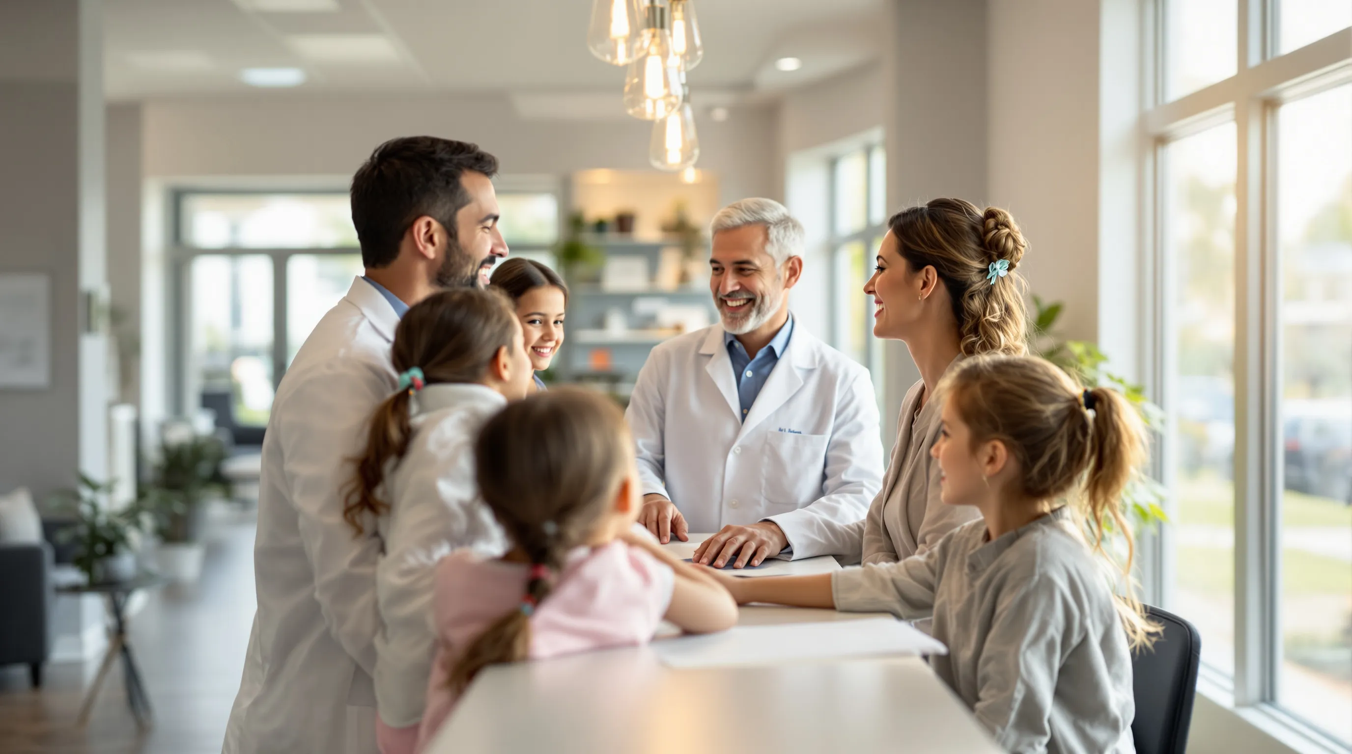 Dentist greeting a family in a bright, modern dental office reception area near Princeton, NJ