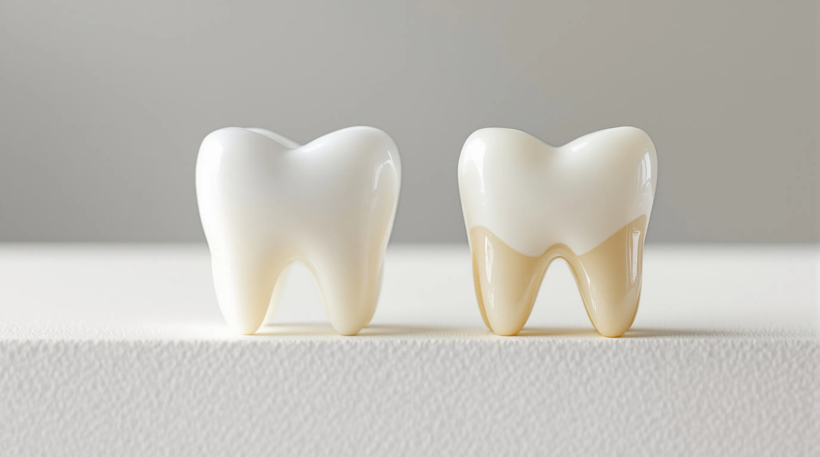 Side-by-side comparison of a monolithic zirconia crown (left) and an all-ceramic porcelain crown (right) showing difference in translucency and opacity