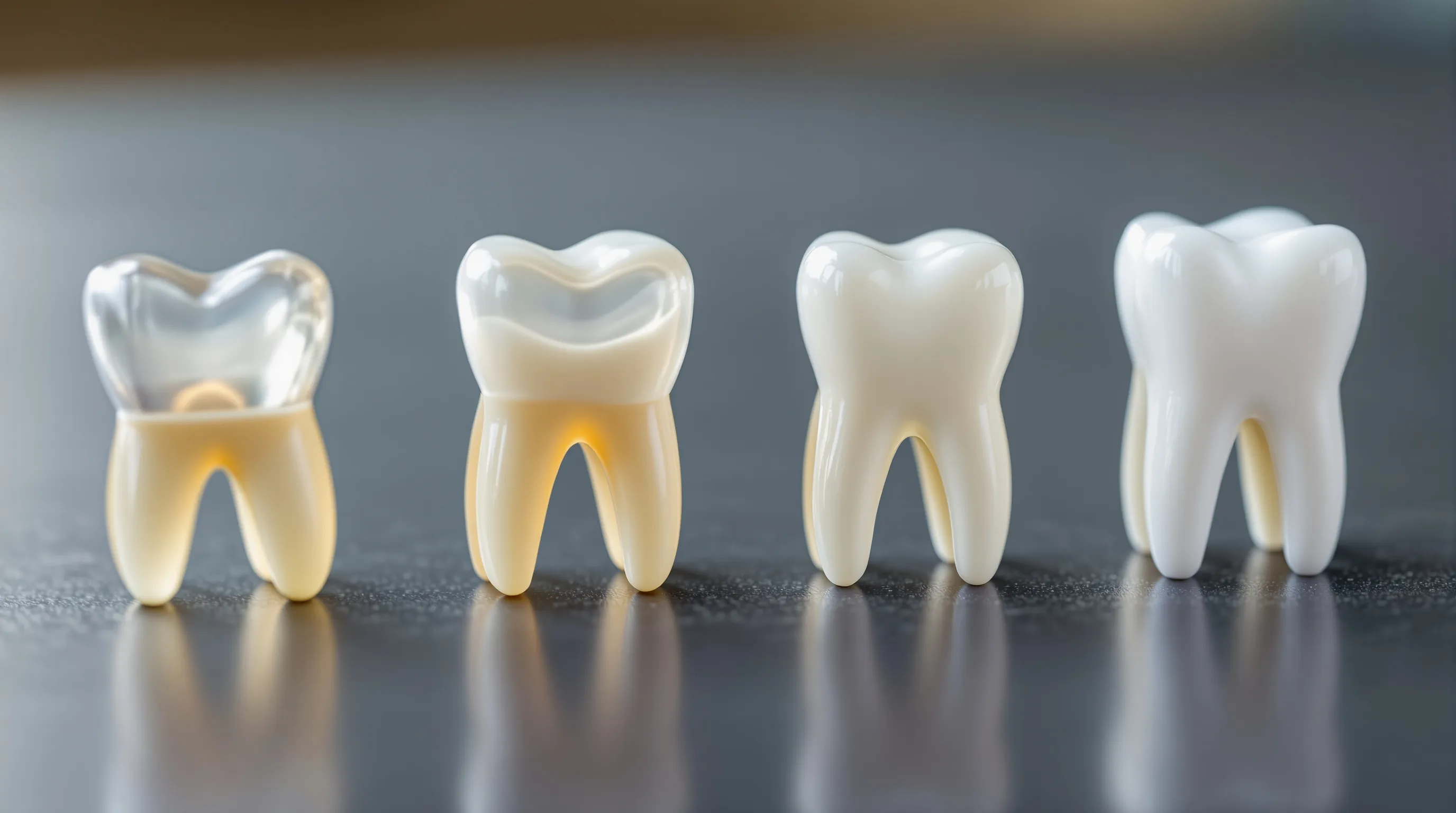 Four tooth-colored dental crowns side by side on a lab bench: feldspathic porcelain, lithium disilicate, layered zirconia and monolithic zirconia