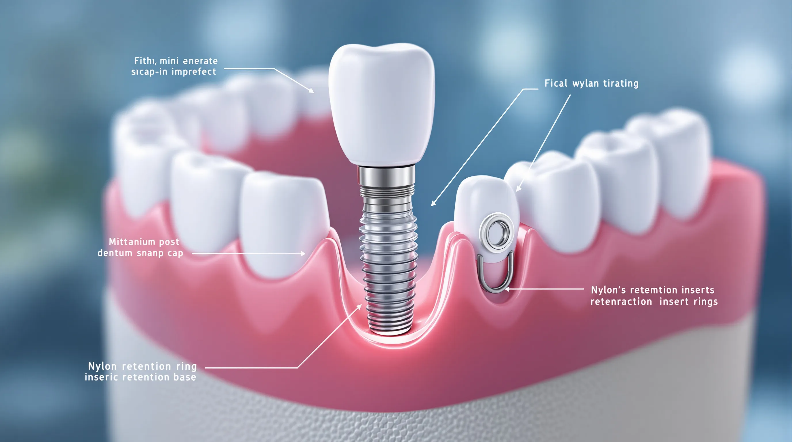 Cross-section diagram of mini-implant snap-in denture components including the nylon retention insert