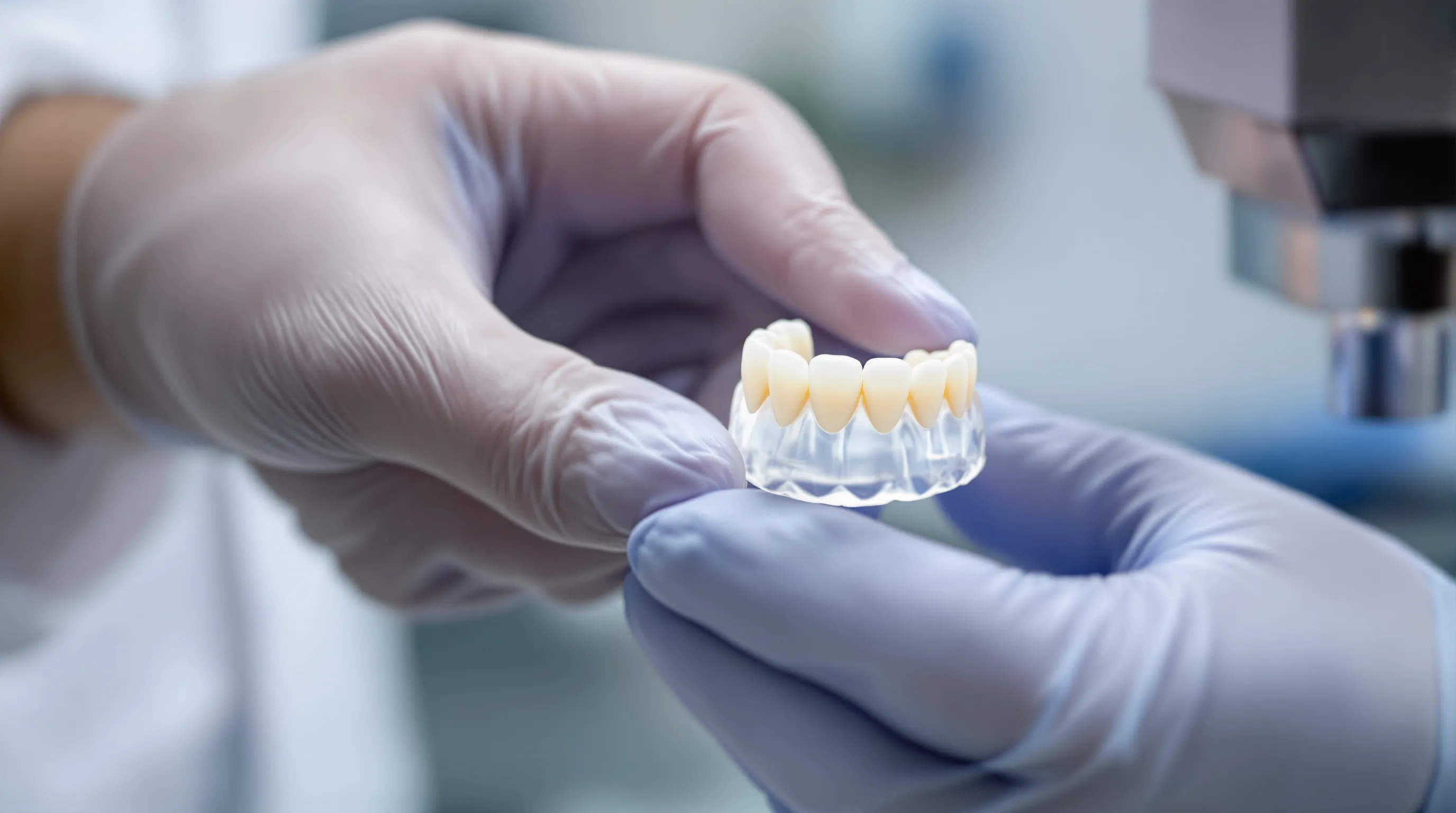A dental technician holds a zirconia crown freshly milled by a CAD/CAM unit, showing the translucent, tooth-colored ceramic material used in modern cosmetic dentistry restorations