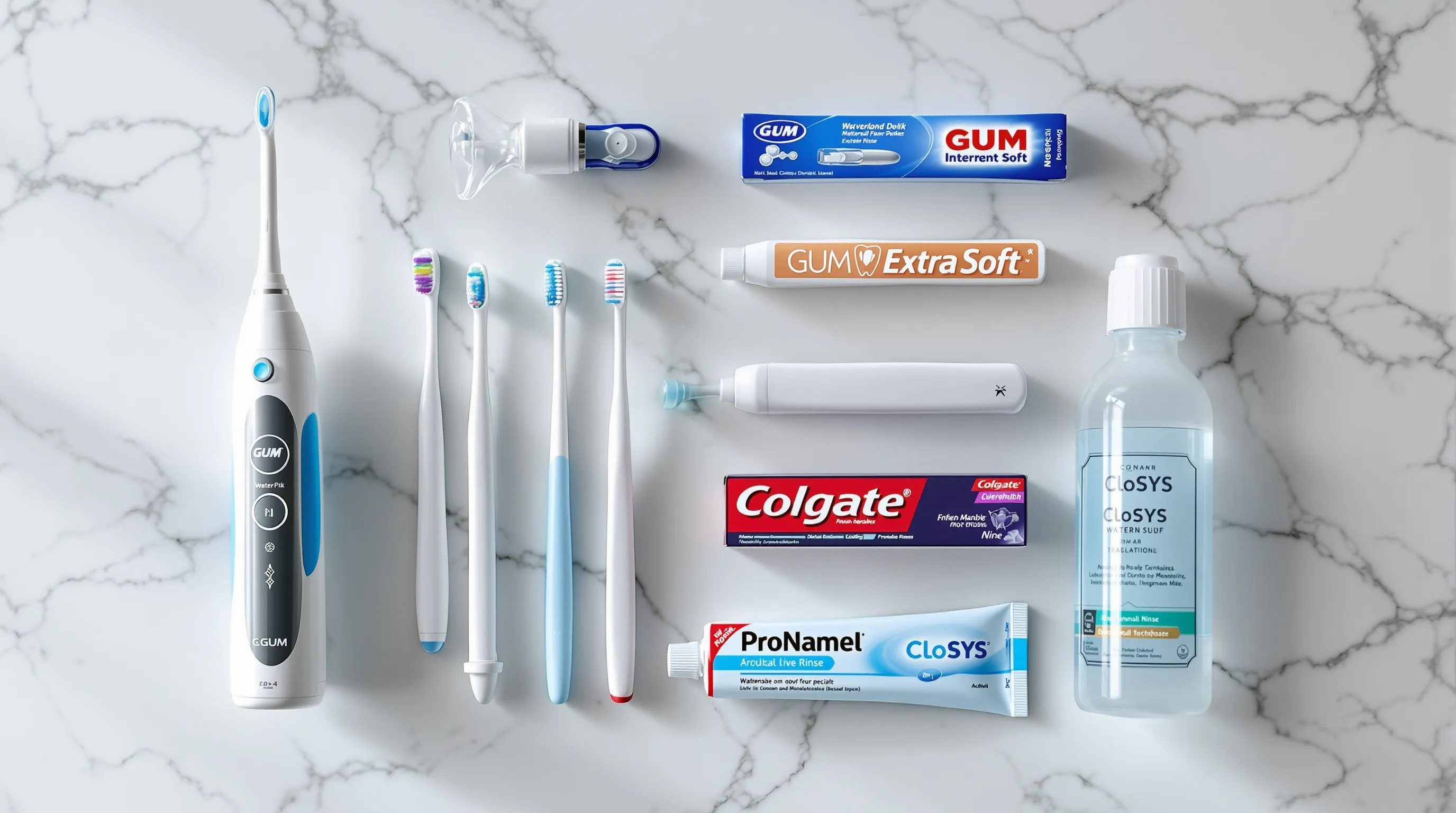 All-on-4 home cleaning kit including WaterPik, interdental brushes, extra-soft toothbrush, low-RDA toothpaste, and alcohol-free rinse
