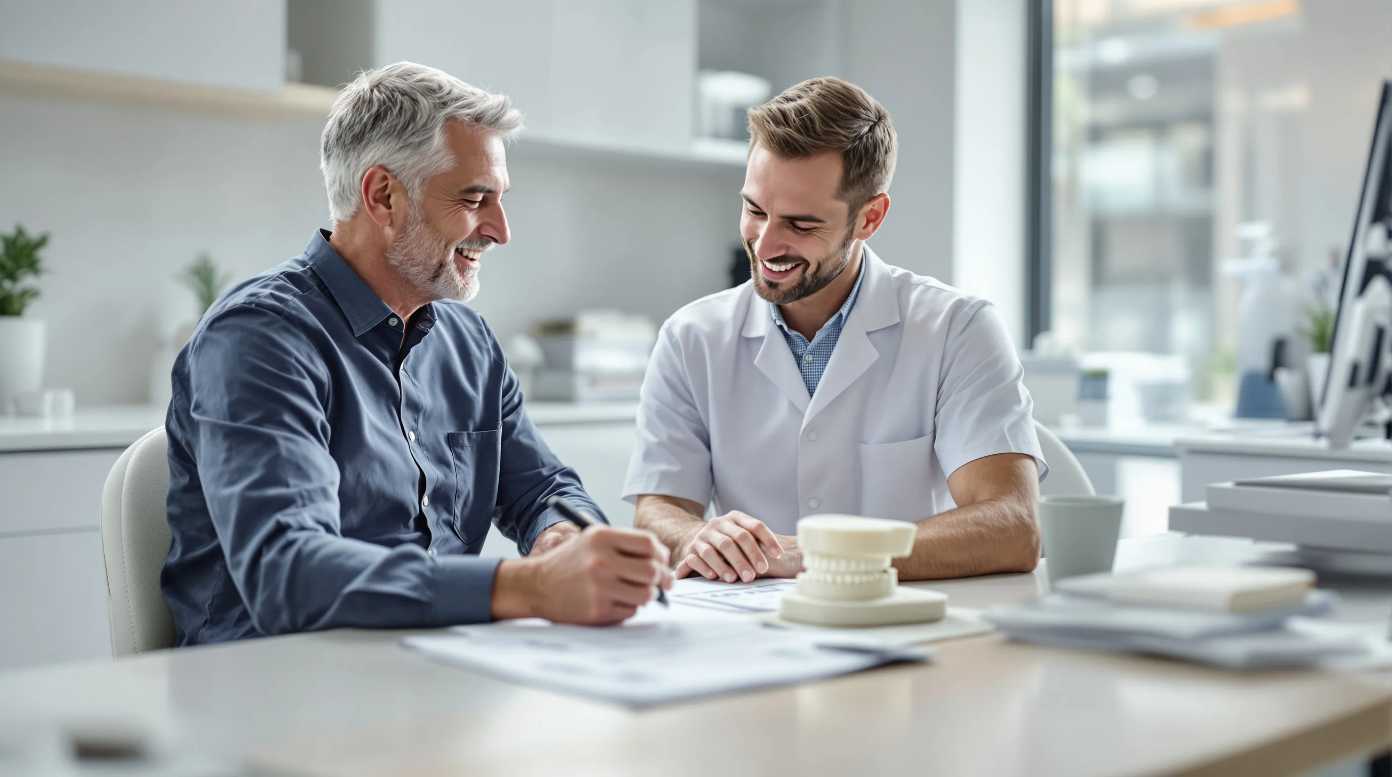 A dentist and a patient review a plaster model of teeth and a written treatment plan together during a cosmetic consultation.