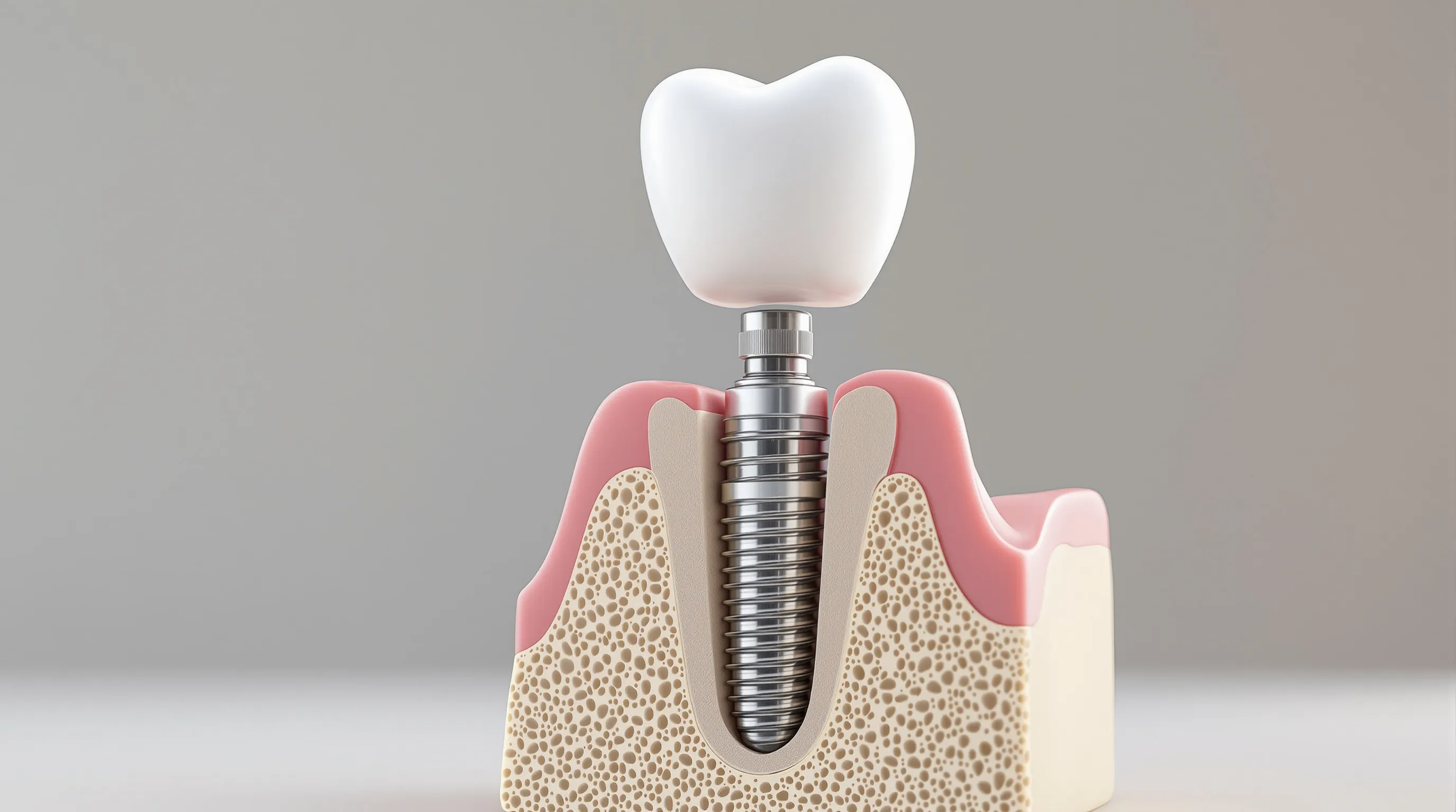 Cross-section diagram of dental implant showing titanium post in jawbone, abutment, and porcelain crown with component labels