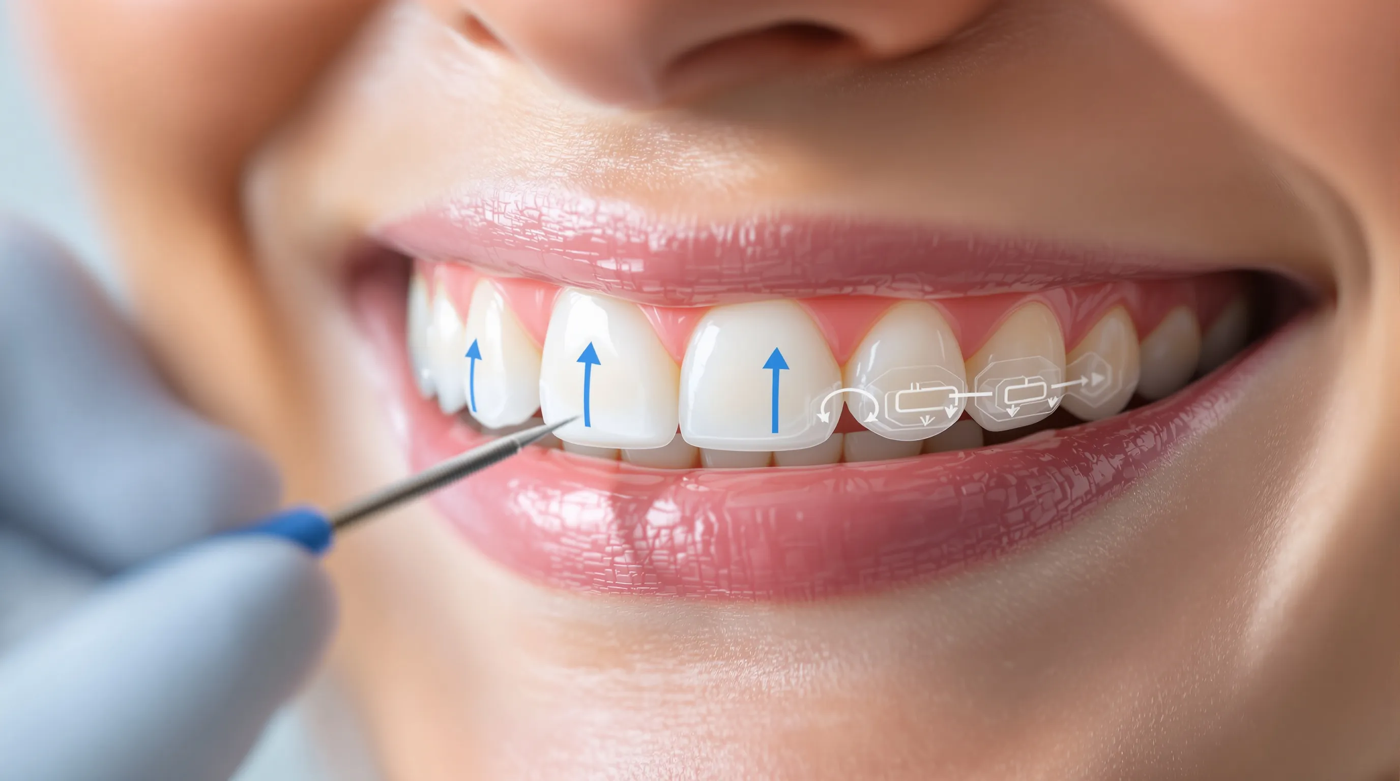 Clear aligner tray on upper teeth with arrows showing planned tooth movement for bite correction - Imagine Advanced Dental Arts ClearCorrect