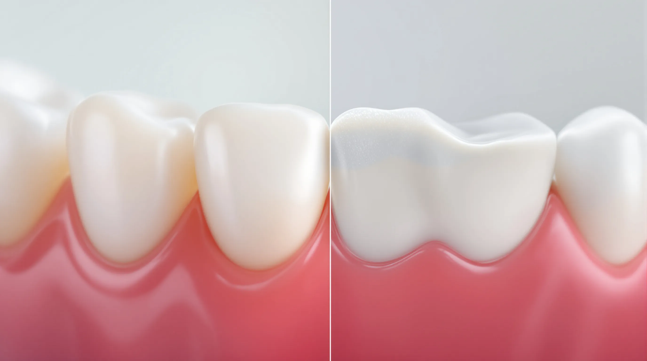 Close-up comparison of a monolithic zirconia crown and a layered zirconia crown showing the difference in porcelain veneer construction