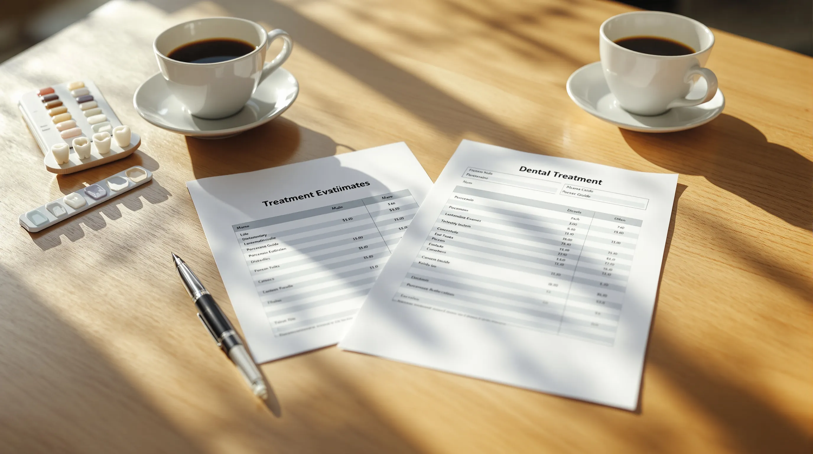 Two cosmetic dentistry quotes side by side on a kitchen table next to a porcelain tooth shade guide