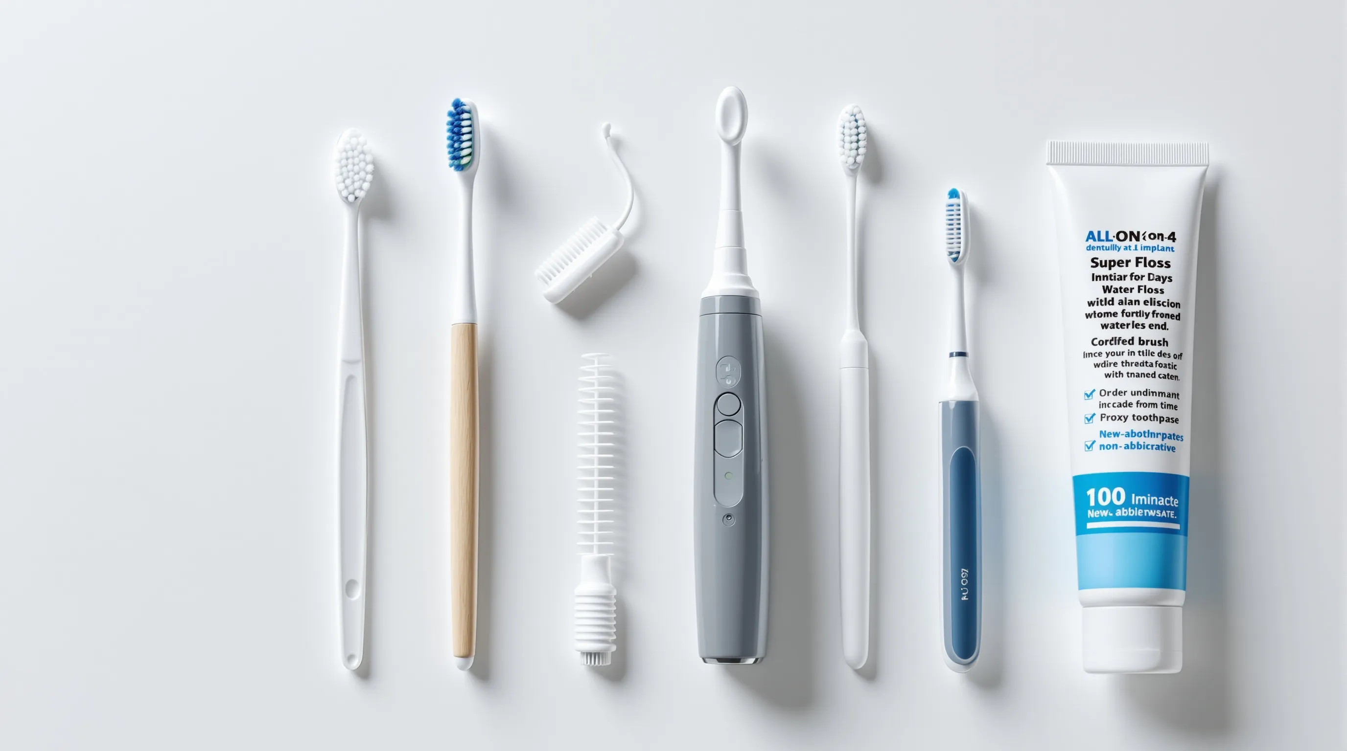 Essential home cleaning tools for All-on-4 dental implants: soft toothbrush, threader floss, water flosser, proxy brush, and non-abrasive toothpaste