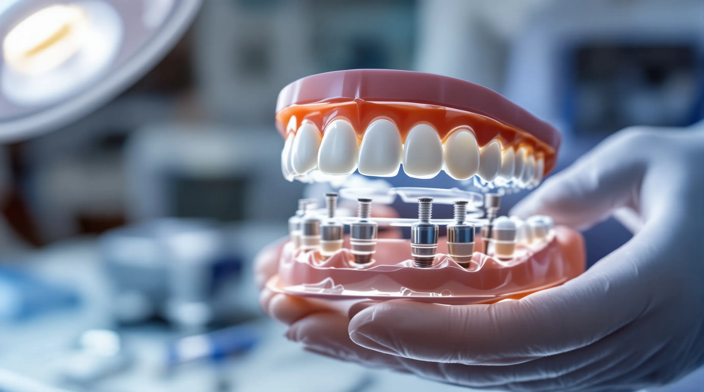 Gloved hands inspecting a full-arch All-on-4 implant bridge with a titanium framework in a dental laboratory