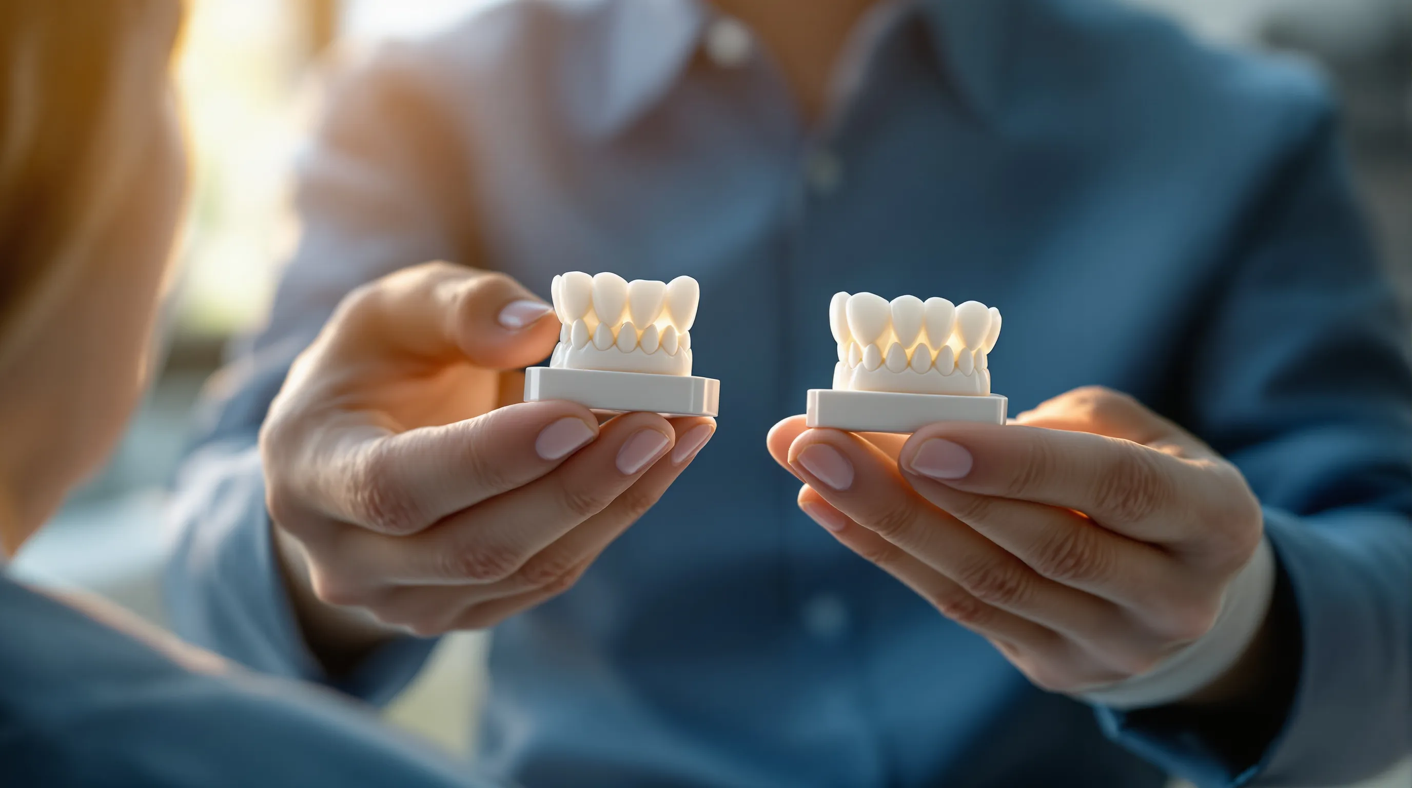 Dentist comparing a zirconia crown and a porcelain crown at Imagine Advanced Dental Arts in Lawrenceville, NJ