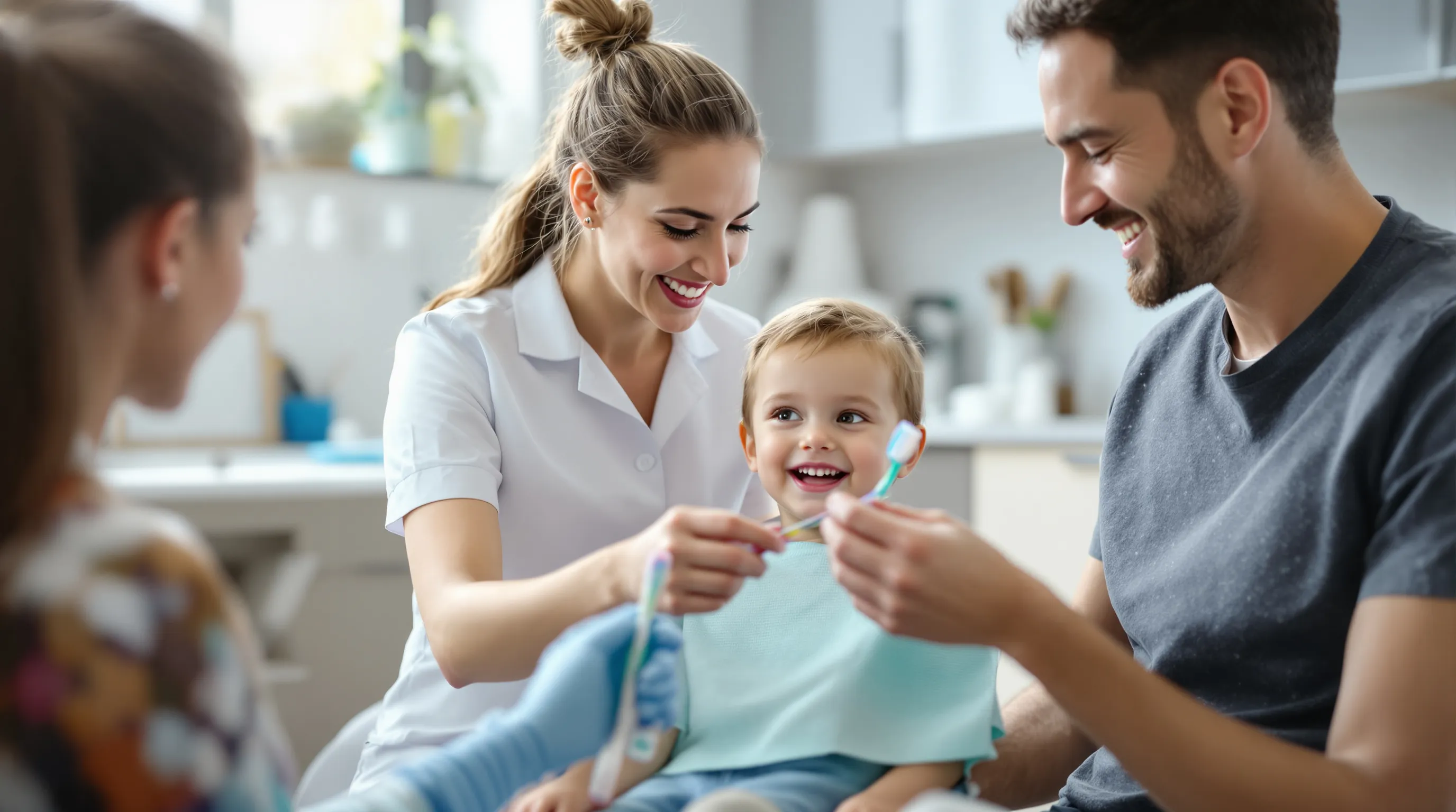 A dental hygienist showing a young child how to brush teeth while a parent watches nearby in a bright treatment room.