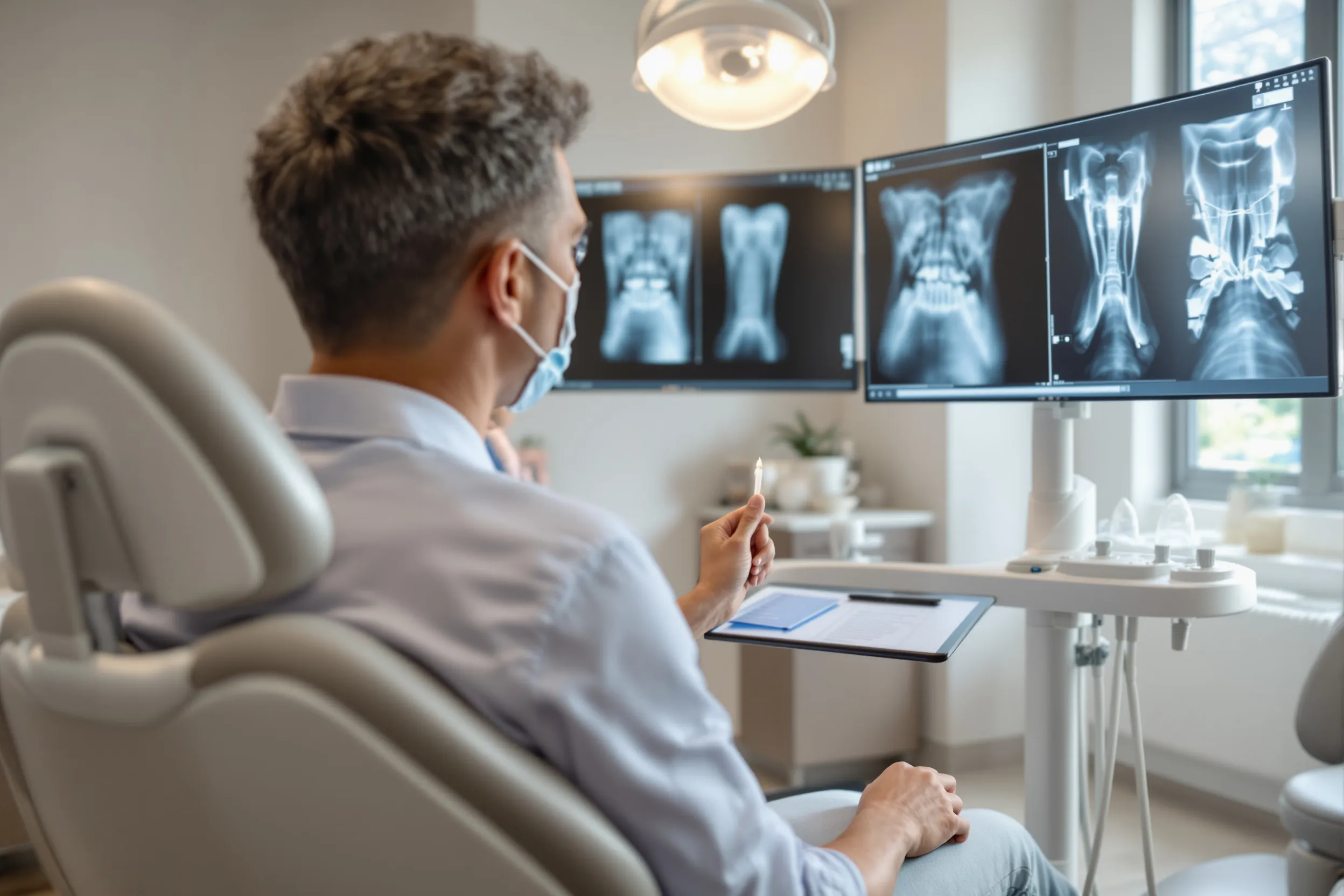 Dentist and patient reviewing dental x-rays during a consultation in a modern Lawrenceville NJ dental office